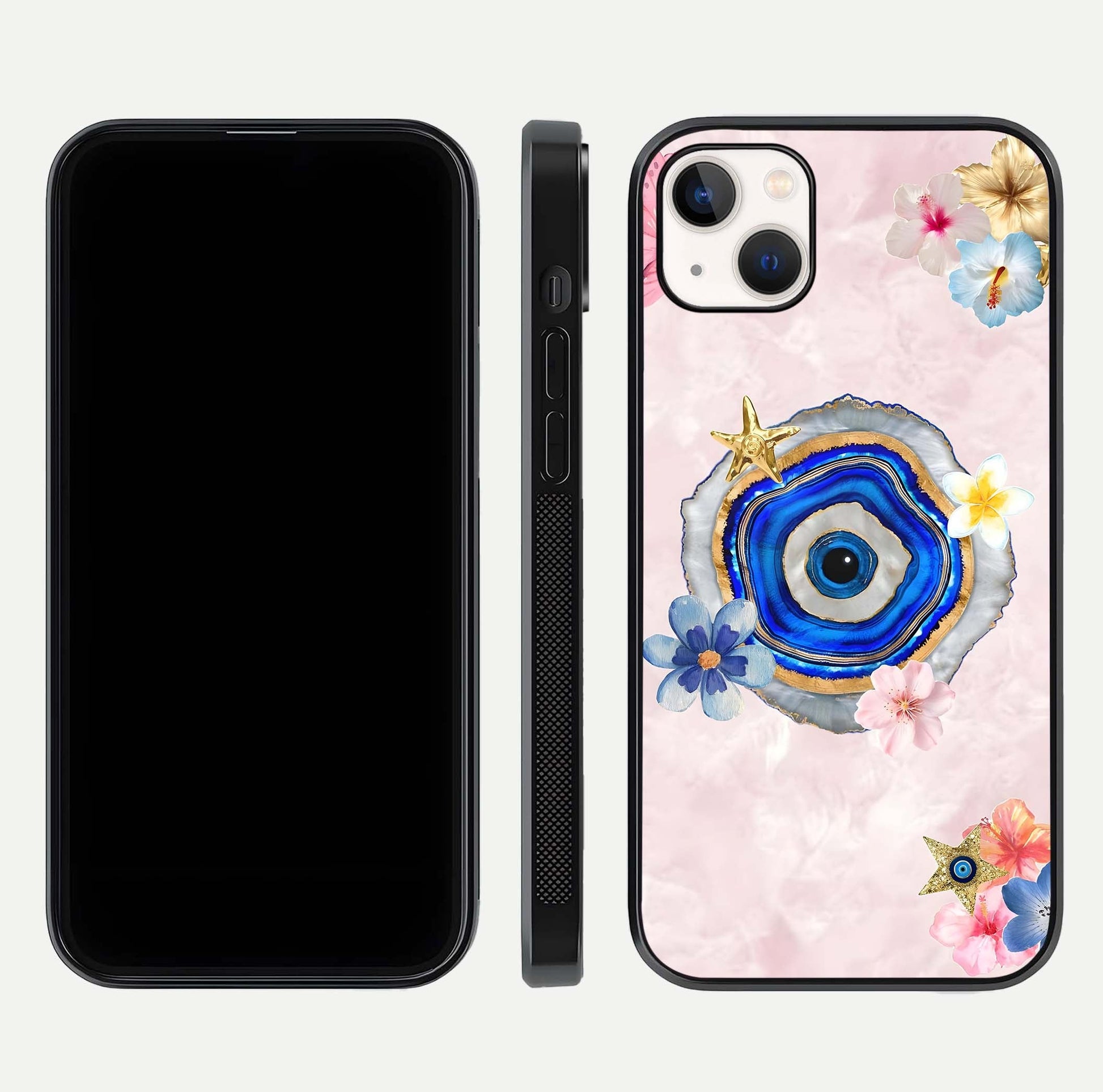 Divine Aura Bloom Glass Case for iPhone 14 Plus dual-view layout displaying divine color tones and smooth edges