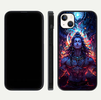 Divine Fire Shiv Glass Case for iPhone 14 Plus dual-view layout displaying HD deity print and curved edges