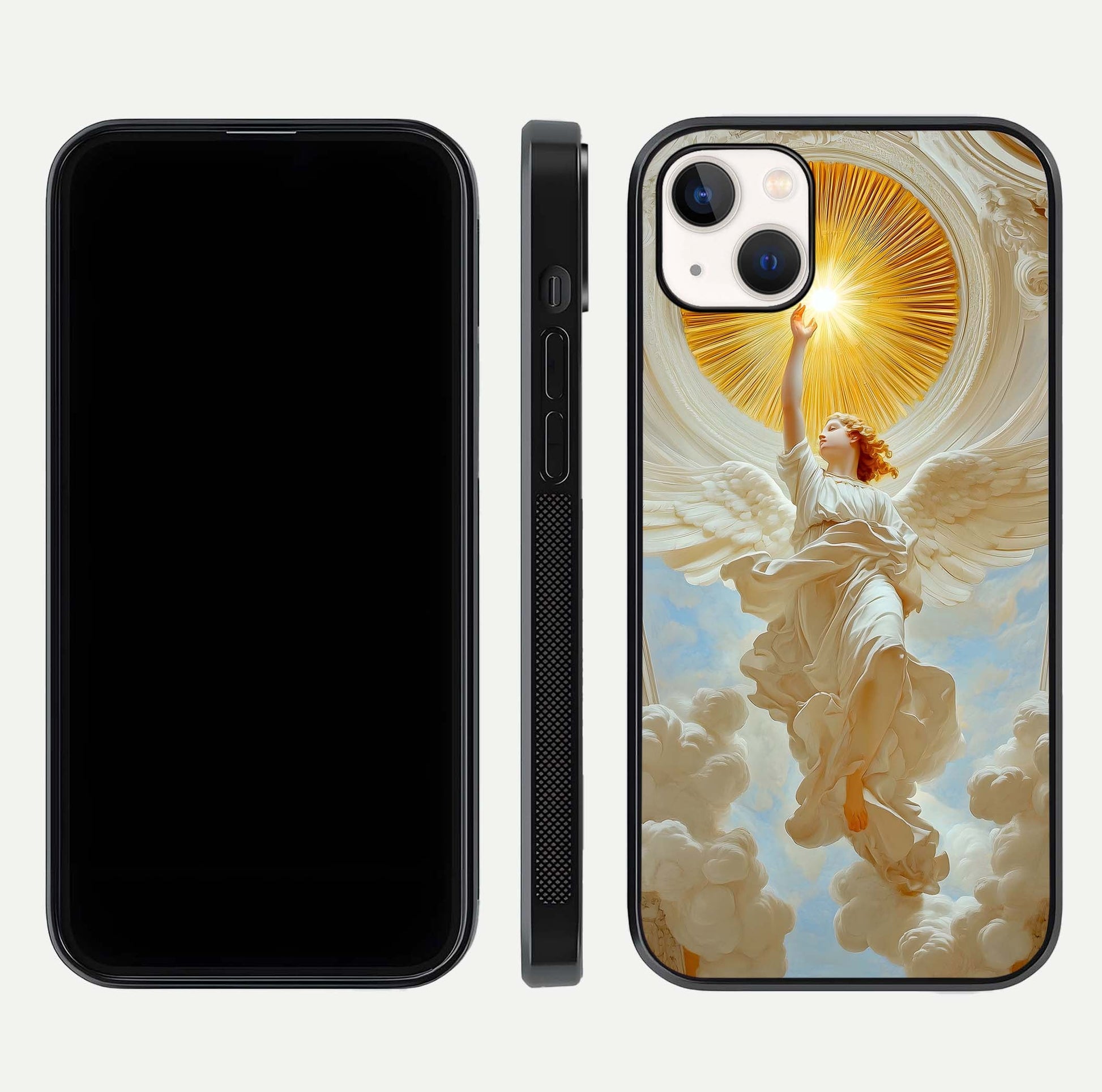 Divine Light Angel Glass Case for iPhone 14 Plus dual-view layout displaying celestial tones and smooth curves