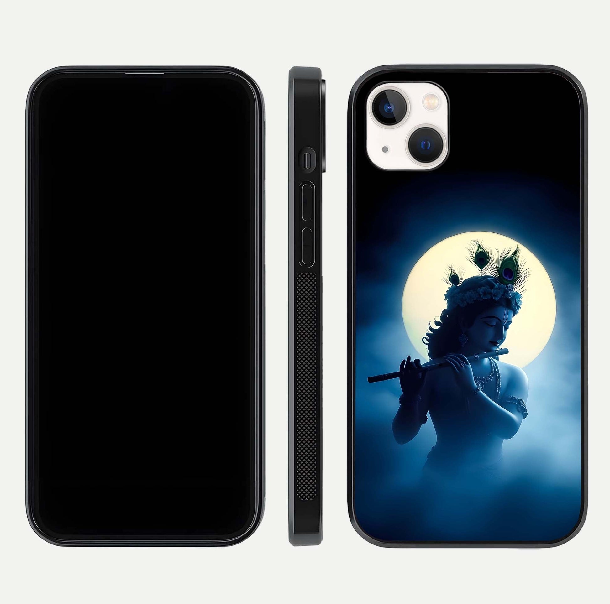 Divine Moon Flute Glass Case for iPhone 14 Plus dual-view layout displaying soft night tones and curved polish
