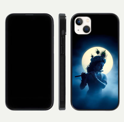 Divine Moon Flute Glass Case for iPhone 14 Plus dual-view layout displaying soft night tones and curved polish