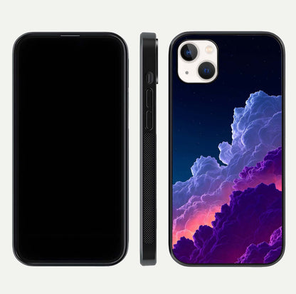 Dreamy Cloud Skies Glass Case for iPhone 14 Plus dual-view layout displaying calm sky art and smooth curve