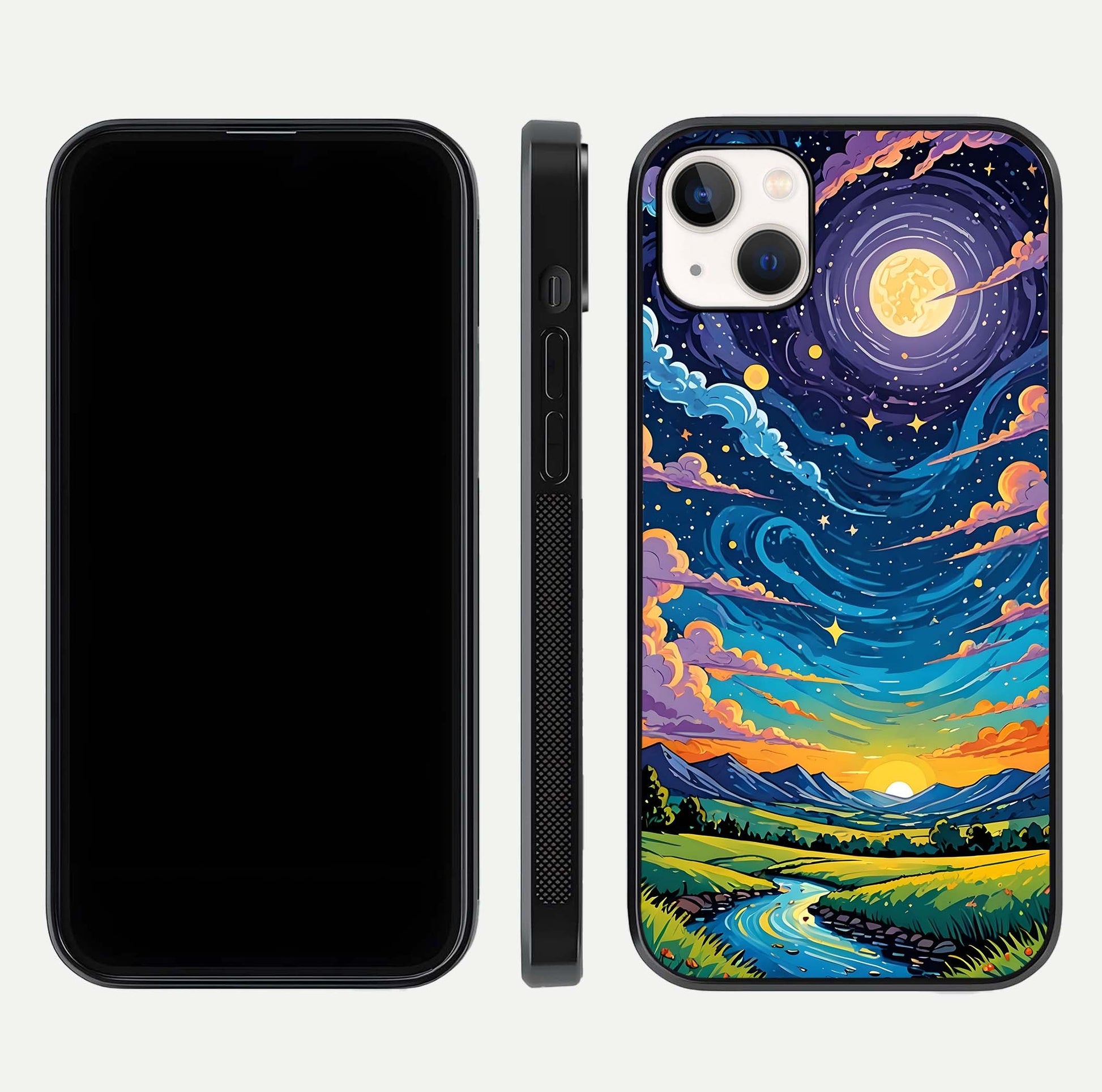 Dreamy Night Landscape Glass Case for iPhone 14 Plus dual-view layout displaying HD print and curved glass edges