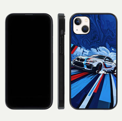 Drift Power Rush Glass Case for iPhone 14 Plus dual-view layout displaying dynamic motion art and HD gloss