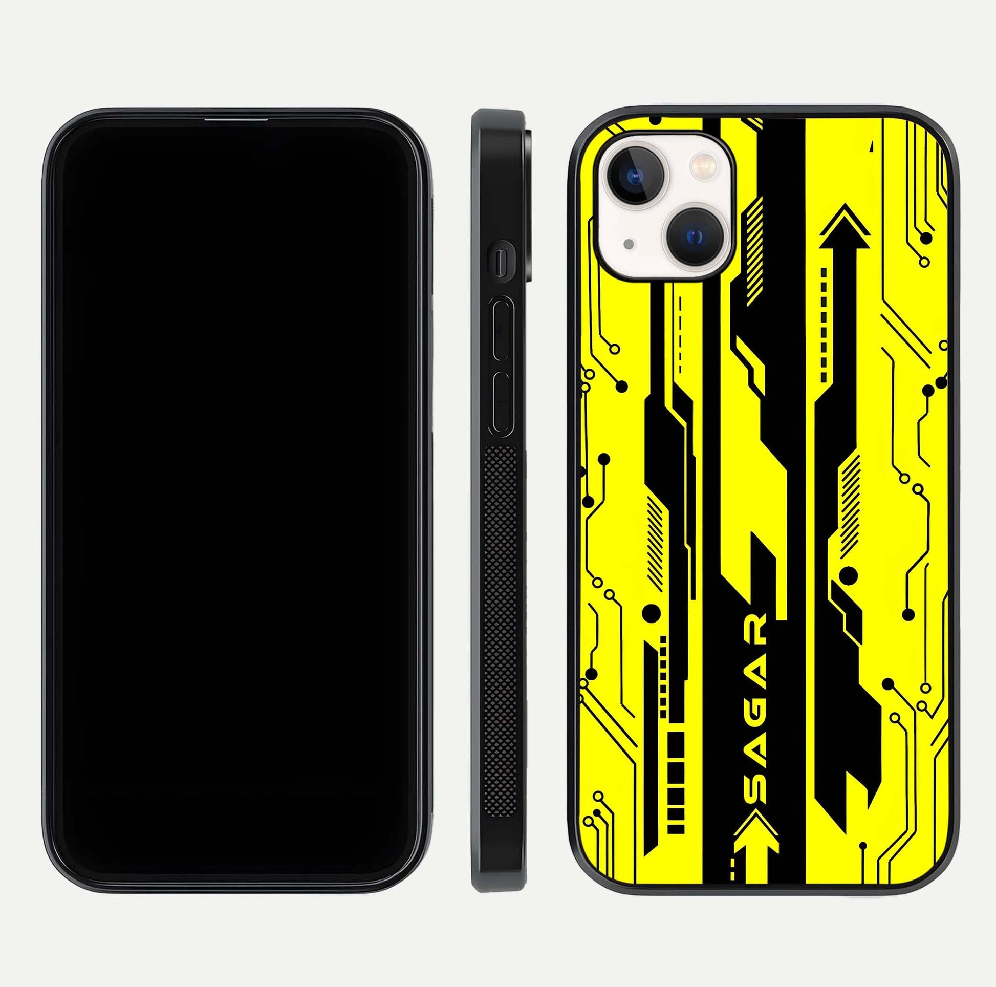 Electric Pulse CYBERPUNK Custom Name Glass Case for iPhone 14 Plus dual-view layout displaying futuristic hues and curved glass edges
