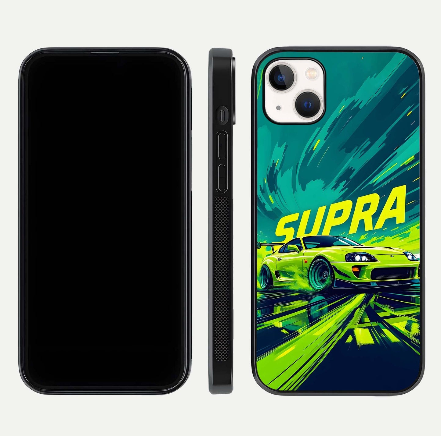 Electric Supra Thunder Glass Case for iPhone 14 Plus dual-view layout displaying dynamic motion art and curved finish