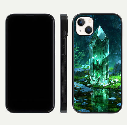 Emerald Light Crystal Glass Case for iPhone 14 Plus dual-view layout displaying gem-like tones and polished edge