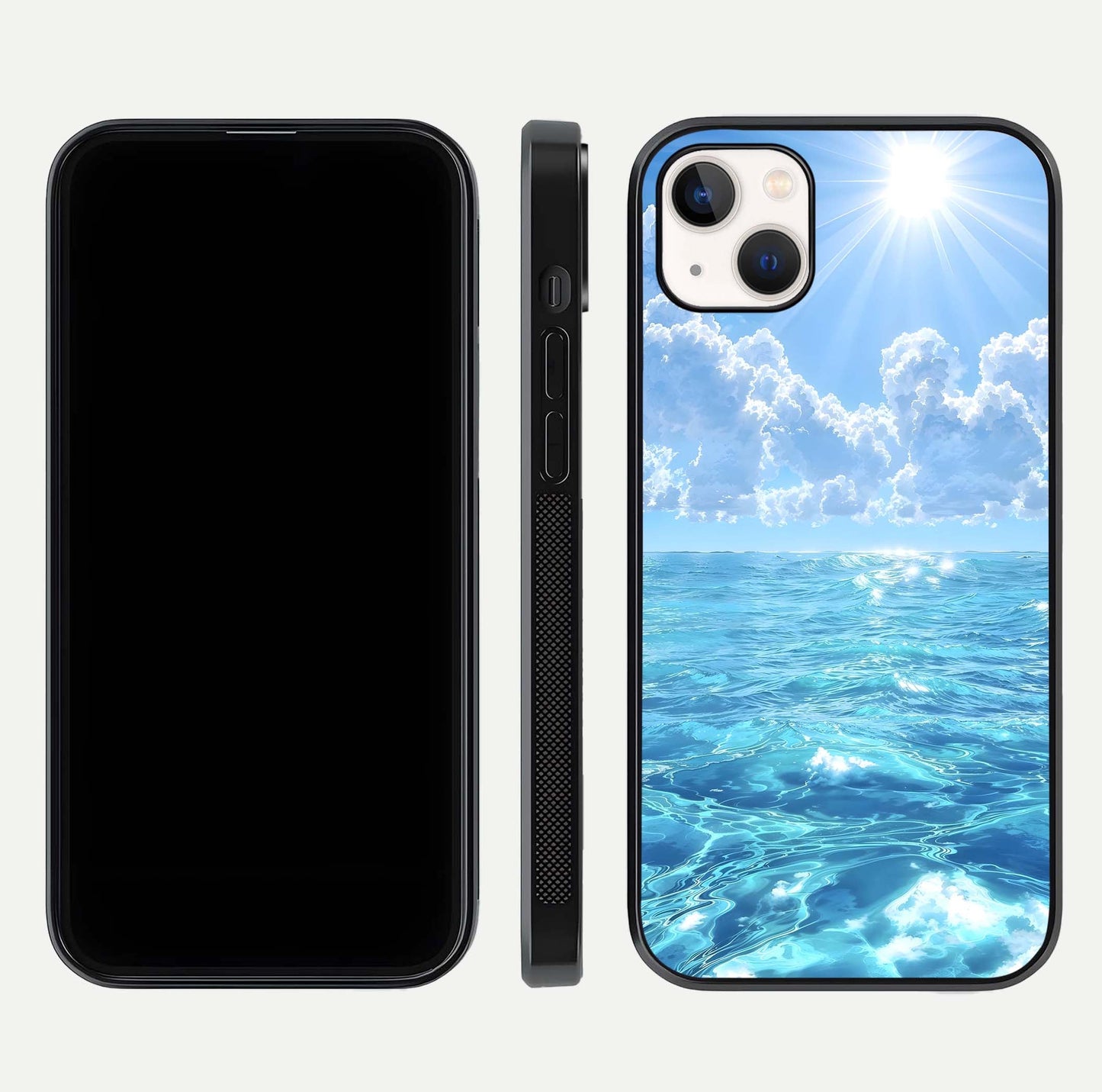Endless Ocean Horizon Glass Case for iPhone 14 Plus dual-view layout displaying calm seascape and curved edges