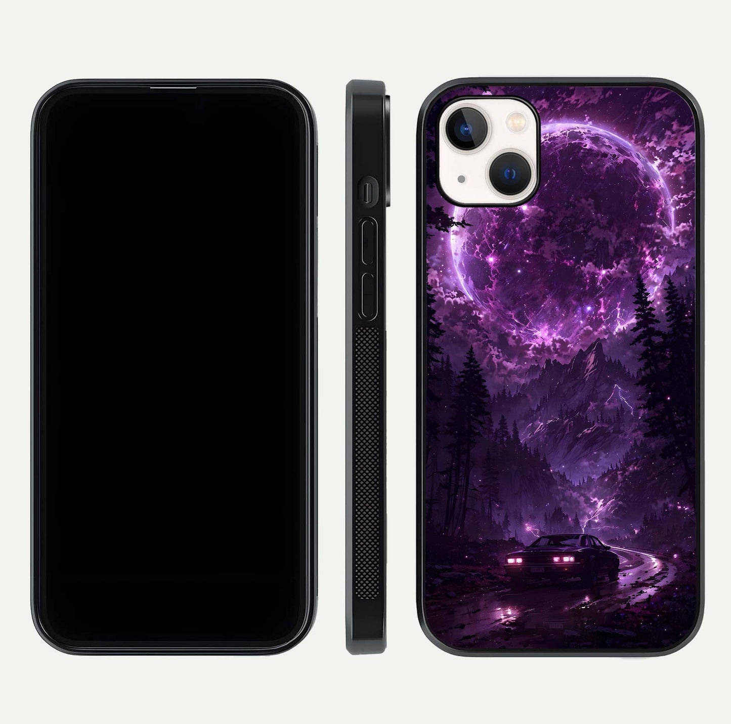 Eternal Cosmic Drive Glass Case for iPhone 14 Plus dual-view layout displaying outer-space tones and curved finish
