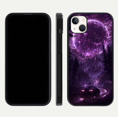 Eternal Cosmic Drive Glass Case for iPhone 14 Plus dual-view layout displaying outer-space tones and curved finish