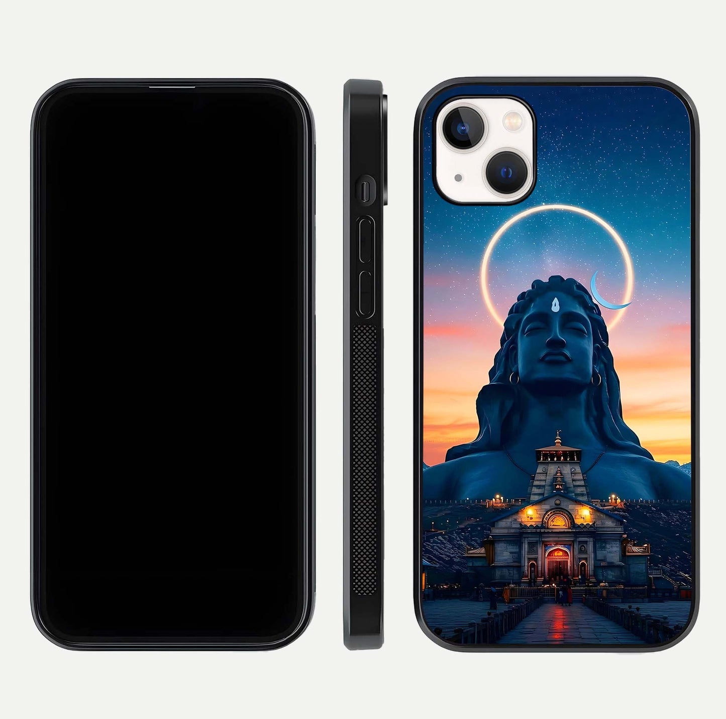 Eternal Shiva Aura Glass Case for iPhone 14 Plus dual-view layout displaying HD deity print and smooth edge