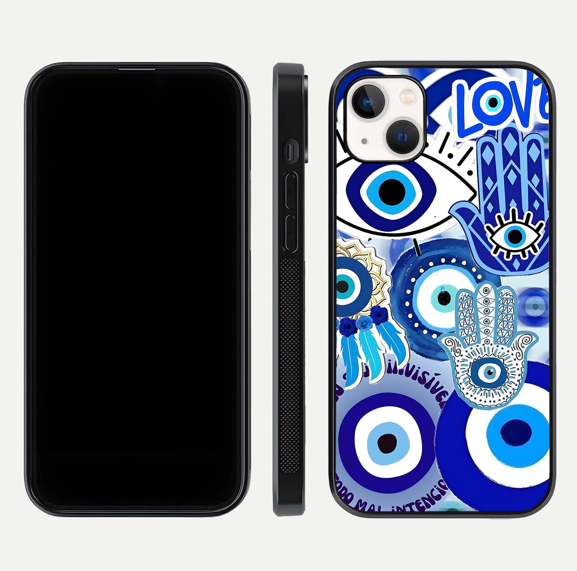 Evil Eyes Dream Glass Case for iPhone 14 Plus dual-view layout displaying spiritual motif and polished curved edge