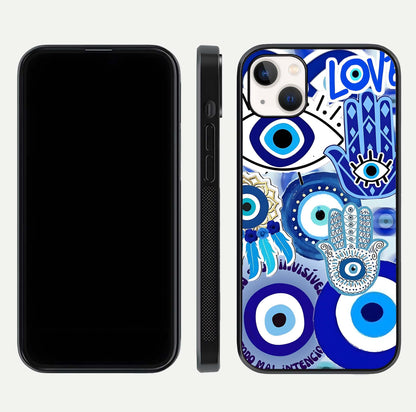 Evil Eyes Dream Glass Case for iPhone 14 Plus dual-view layout displaying spiritual motif and polished curved edge