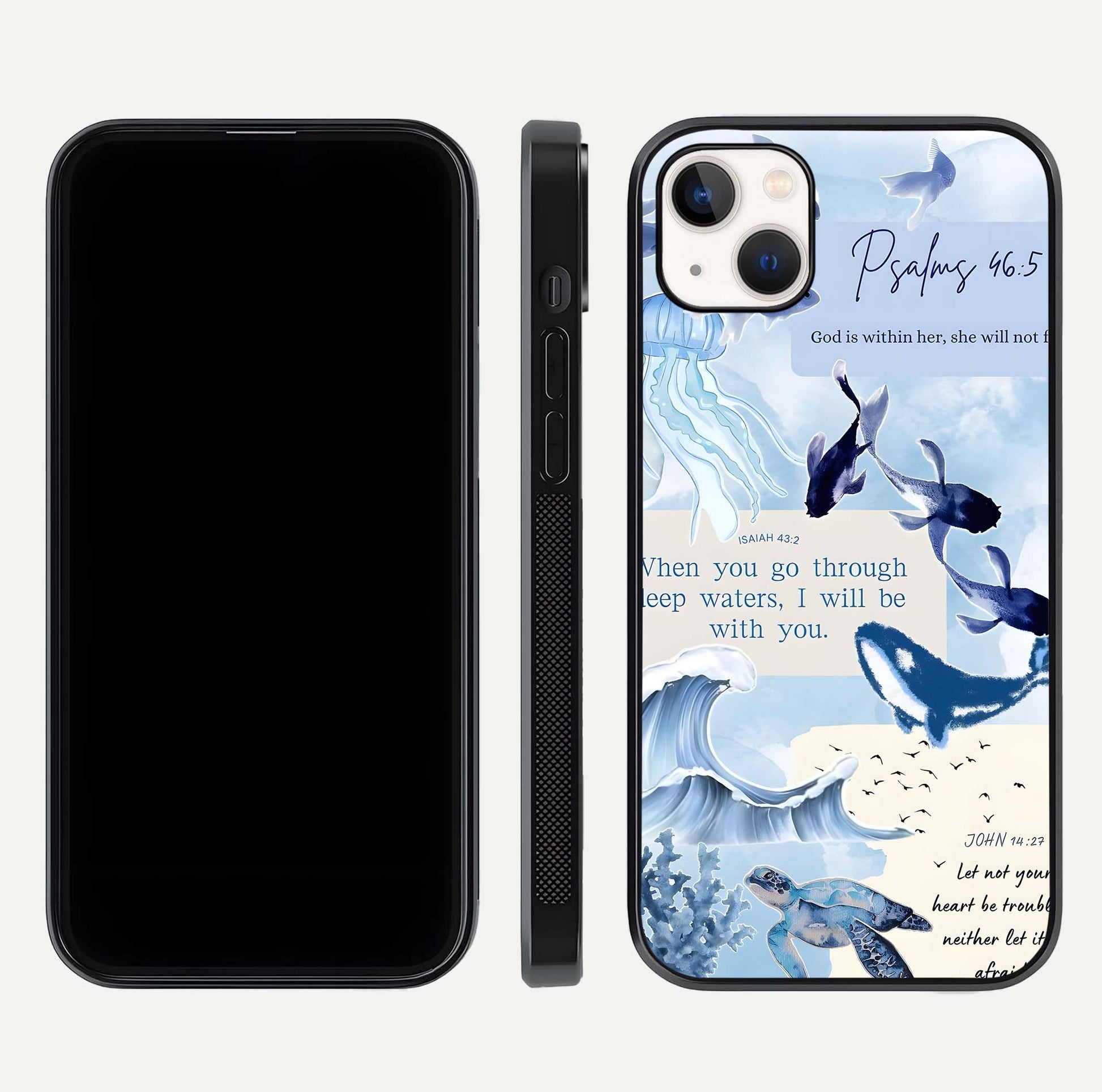 Faithful Ocean Promise Glass Case for iPhone 14 Plus dual-view layout showing sea horizon art and curved polish