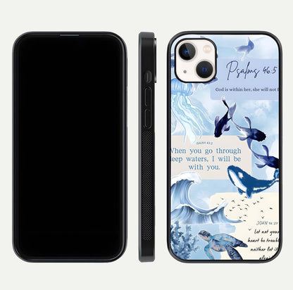 Faithful Ocean Promise Glass Case for iPhone 14 Plus dual-view layout showing sea horizon art and curved polish