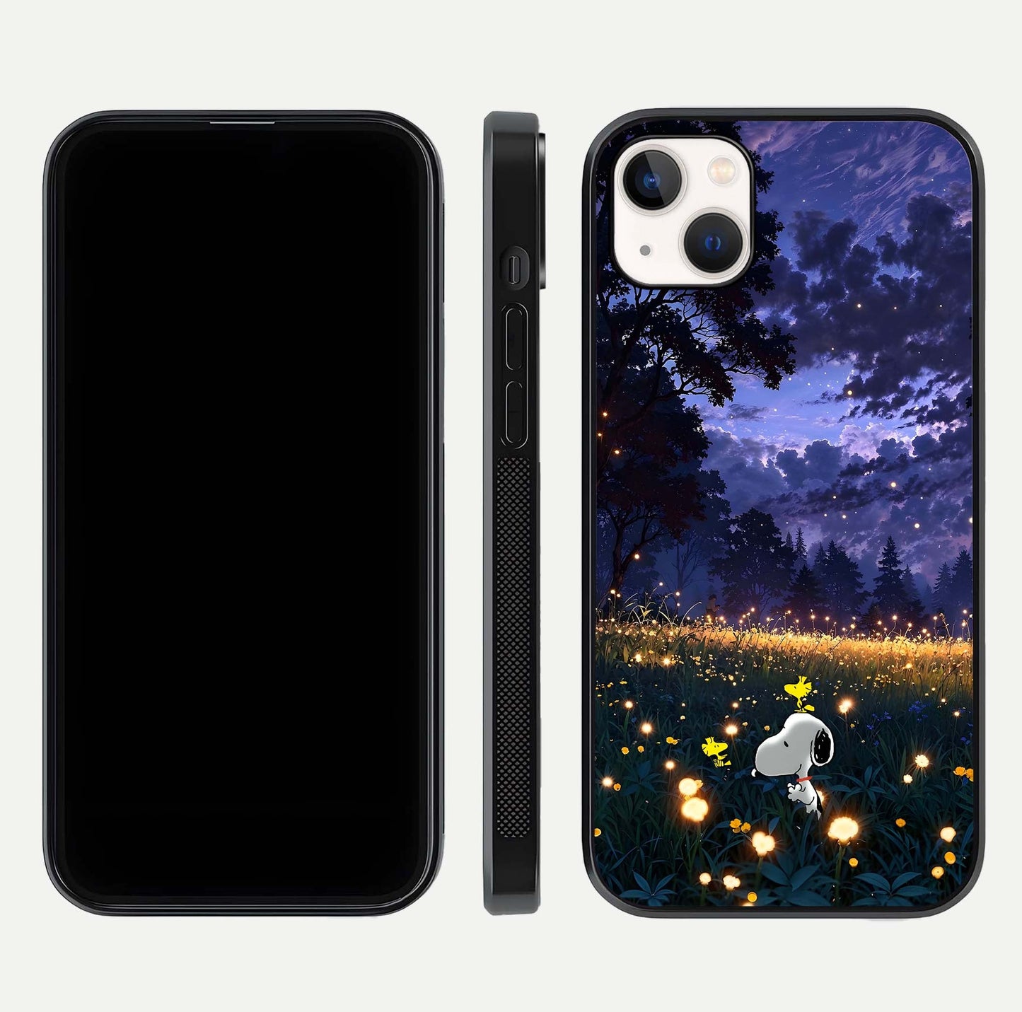 Firefly Meadow Magic Glass Case for iPhone 14 Plus dual-view layout displaying enchanting tones and curved edges