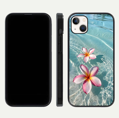 Floating Bloom Bliss Glass Case for iPhone 14 Plus dual-view layout displaying soft pastel flowers and curved glass