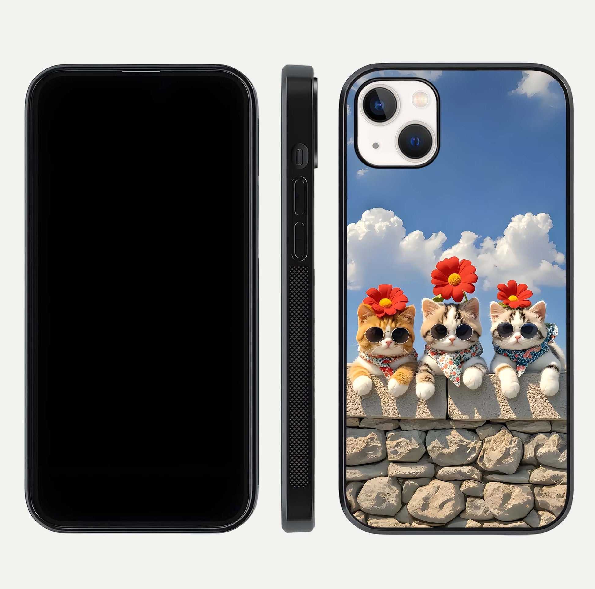 Floral Kitty Squad Glass Case for iPhone 14 Plus dual-view layout displaying vibrant tones and smooth edges
