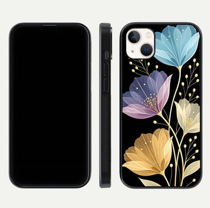 Flower Bloom Glow Glass Case for iPhone 14 Plus dual-view layout displaying petal tones and curved glass edge