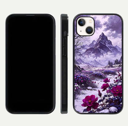 Flower Mountain View Glass Case for iPhone 14 Plus dual-view layout displaying scenic tones and curved glass finish