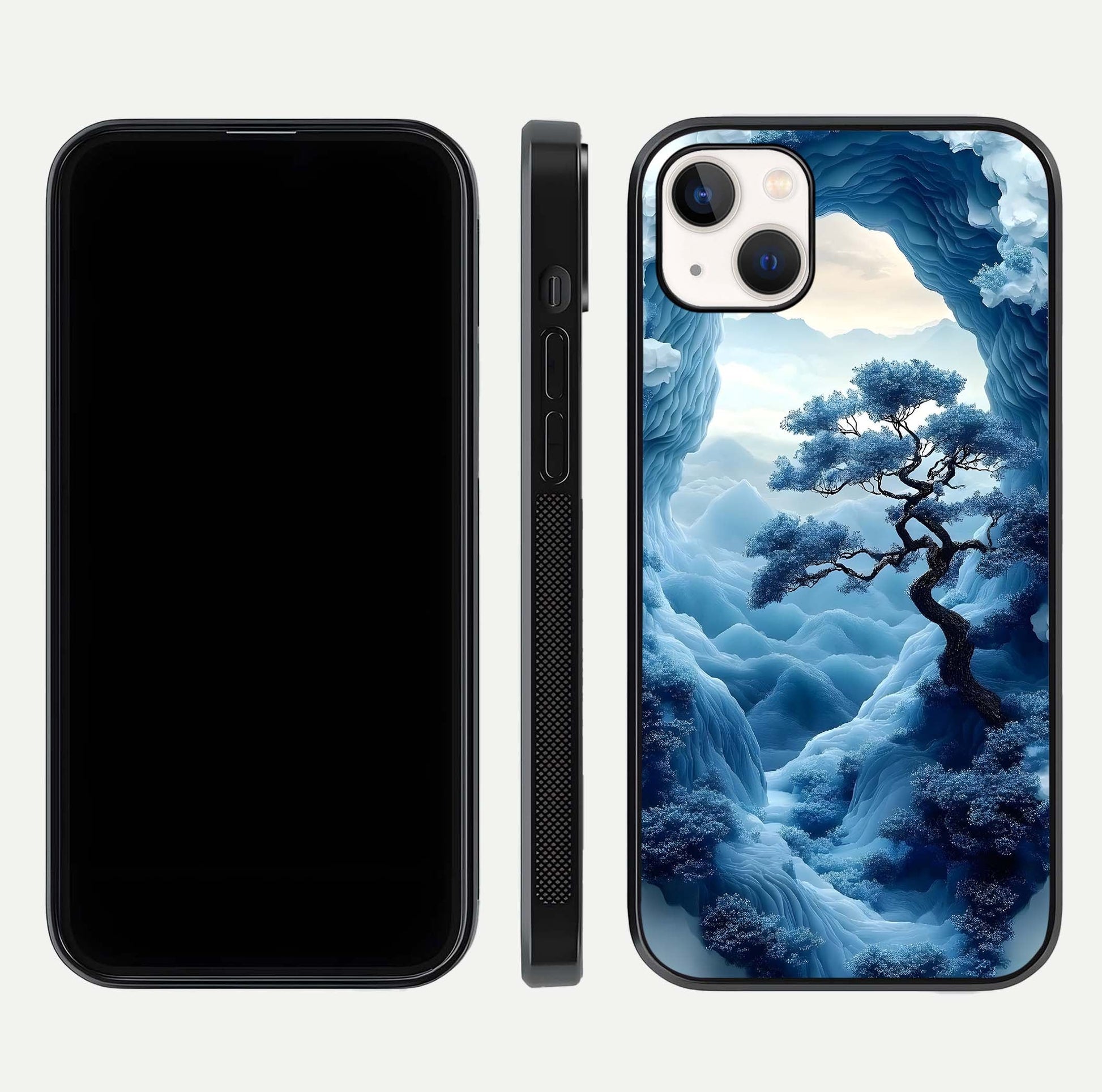 Frozen Serenity Gate Glass Case for iPhone 14 Plus dual-view layout displaying winter theme and smooth curves