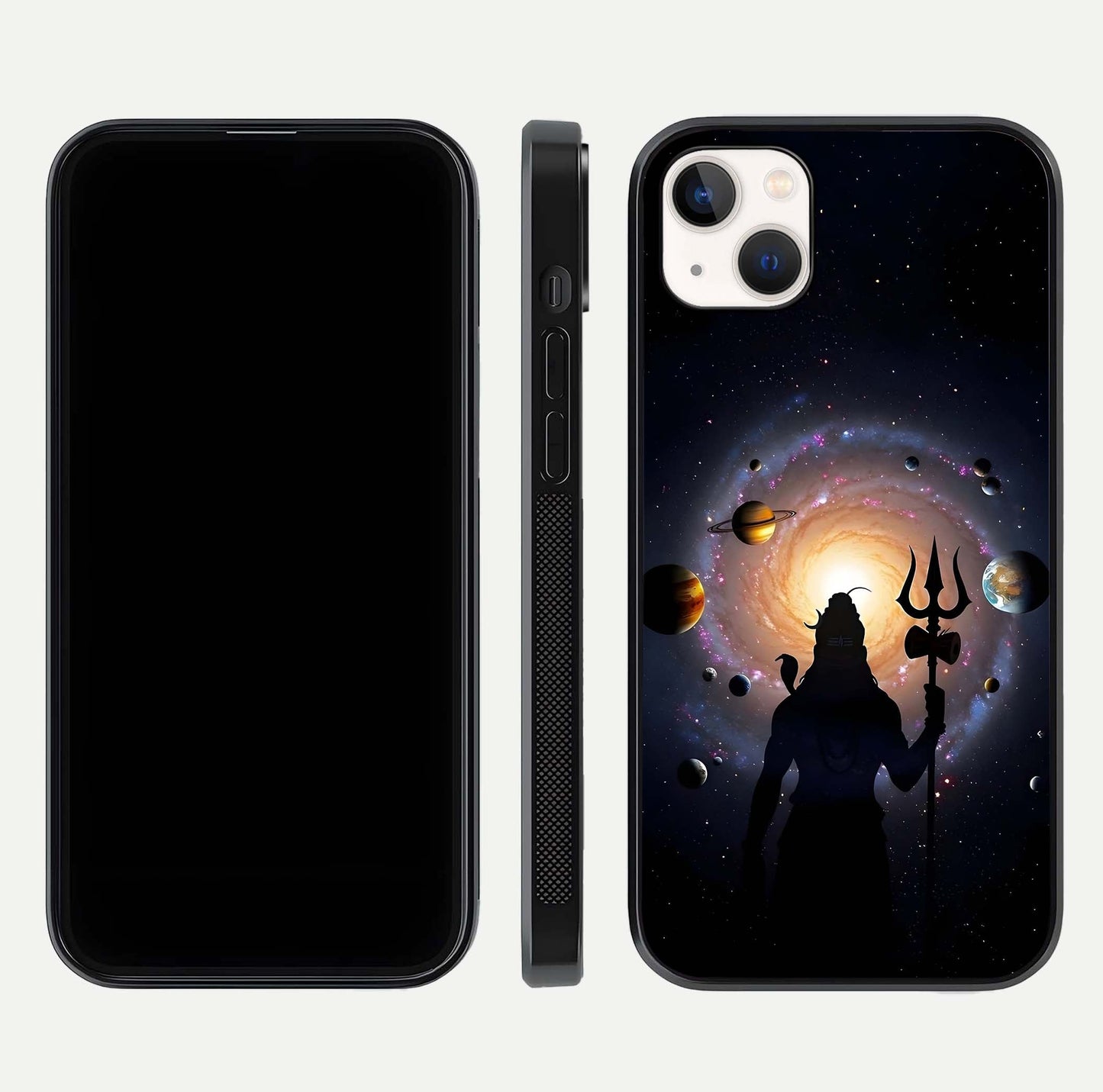 Galactic Shiva Vision Glass Case for iPhone 14 Plus front and back view layout showing celestial background and polished curved glass