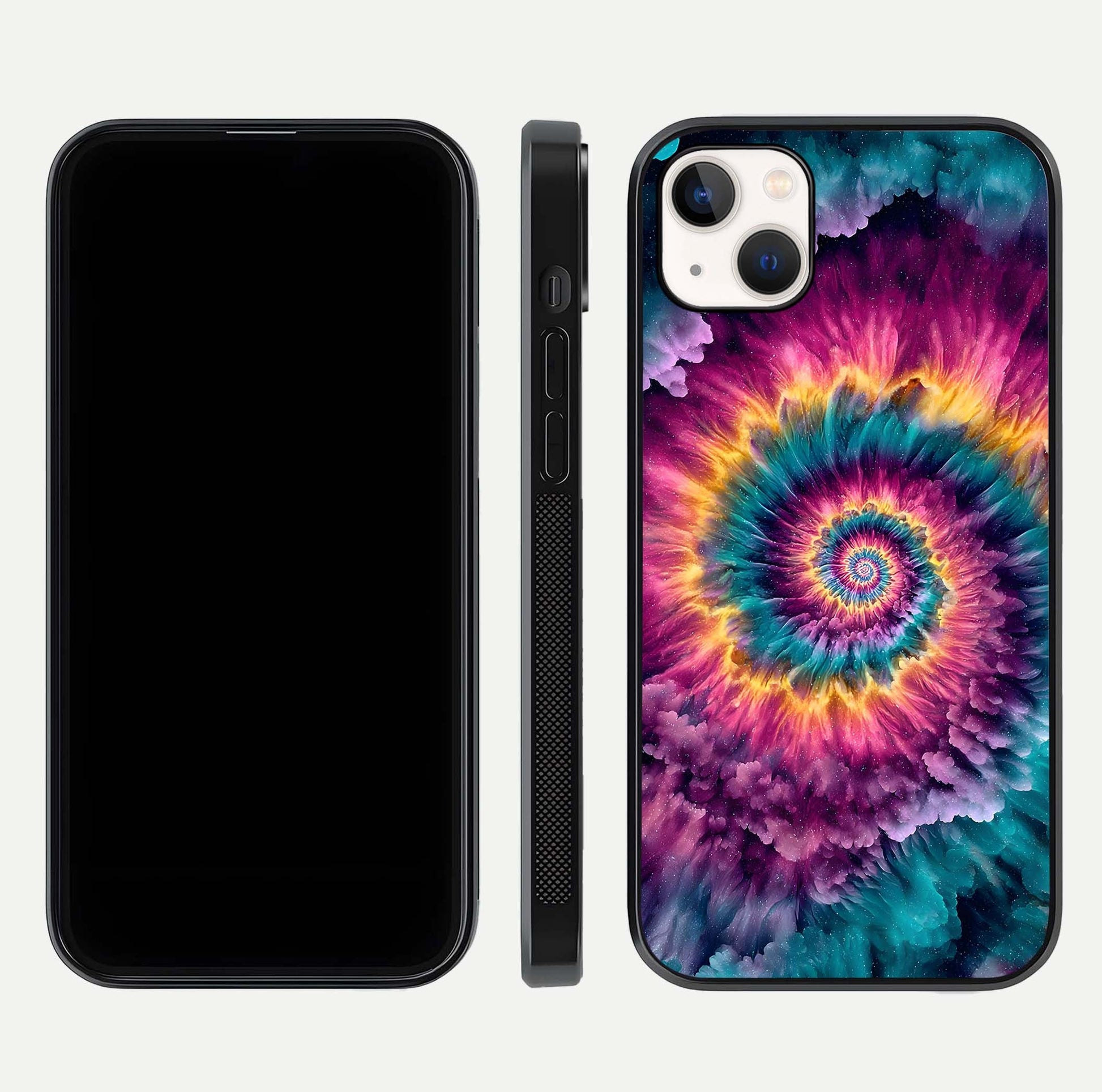 Galactic Spiral Burst Glass Case for iPhone 14 Plus front and back view layout highlighting cosmic swirl and curved edges