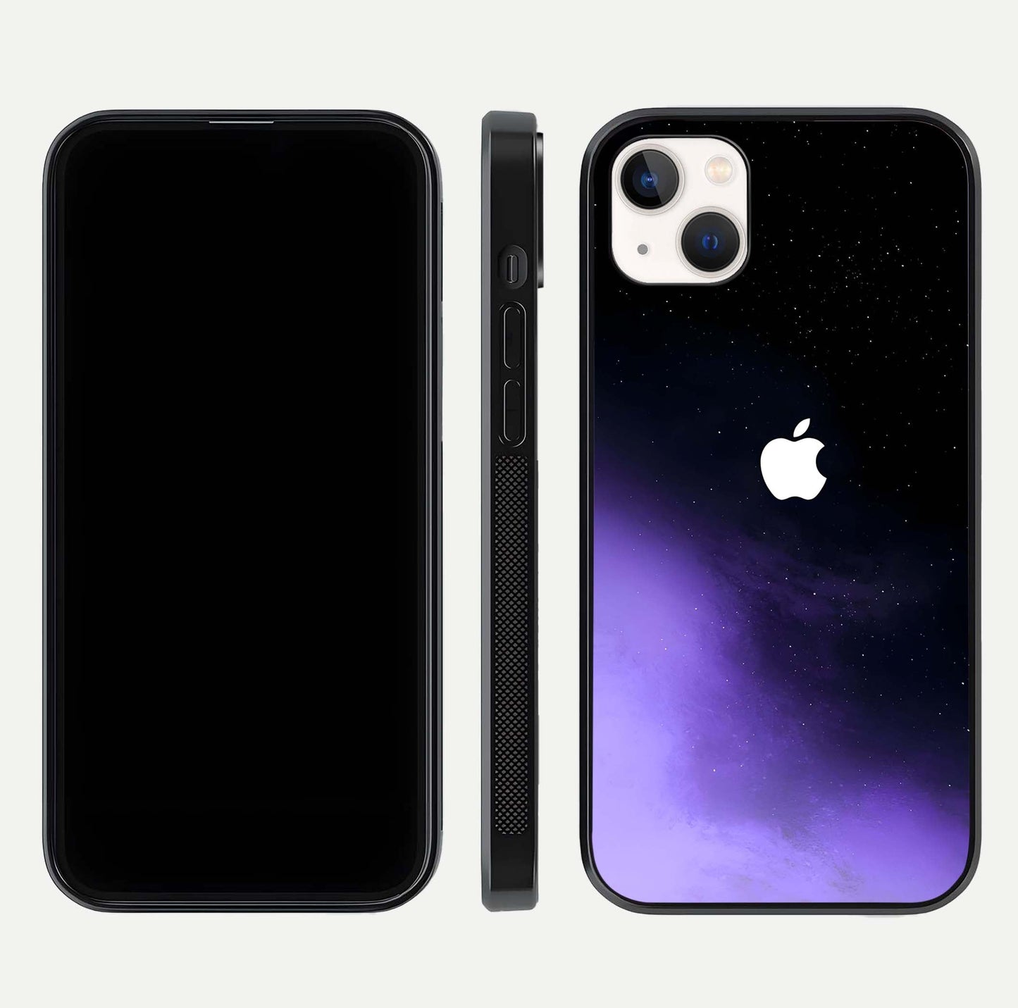 Galaxy Apple Aura Glass Case for iPhone 14 Plus front and back view layout displaying cosmic tones and premium curved glass edges