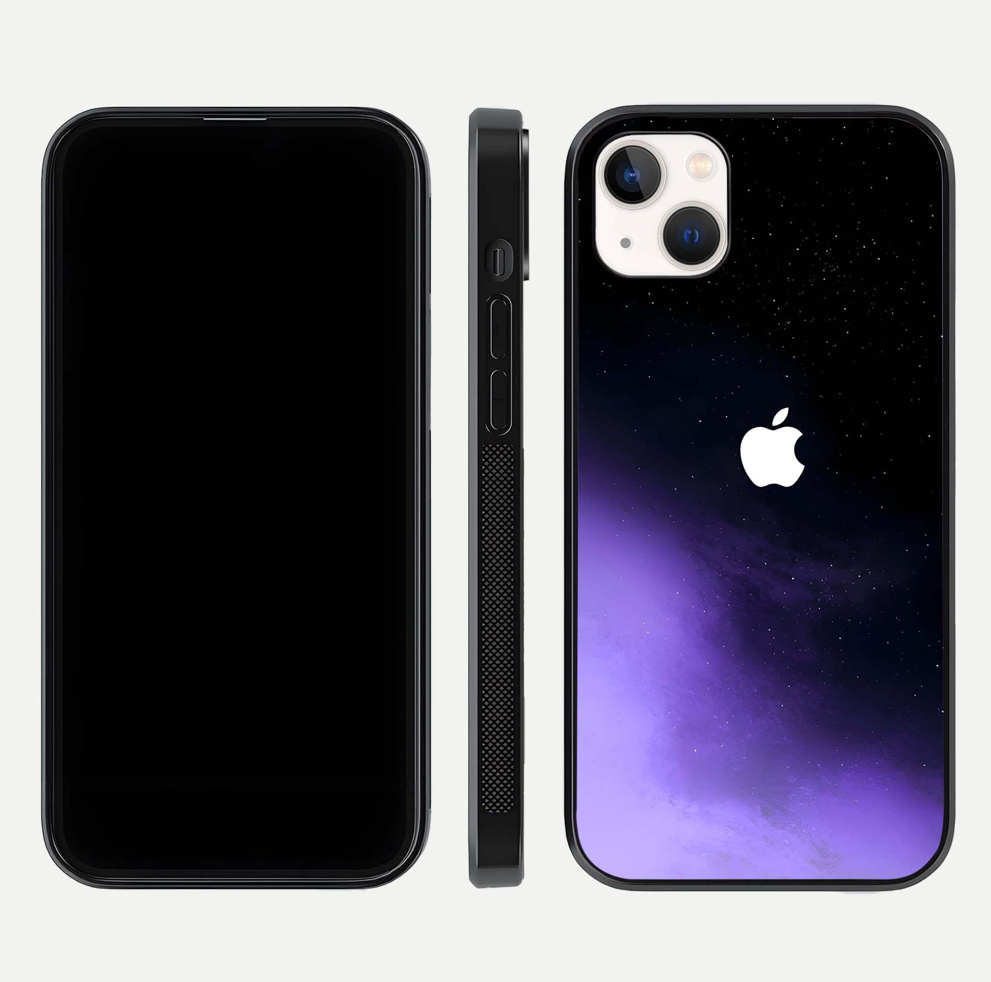 Galaxy Apple Aura Glass Case for iPhone 14 Plus front and back view layout displaying cosmic tones and premium curved glass edges