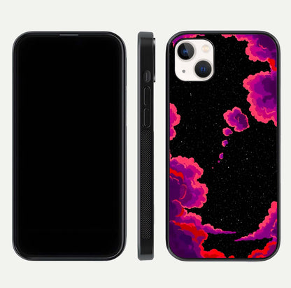 Galaxy Dream Frame Glass Case for iPhone 14 Plus front and back view layout highlighting cosmic design and smooth glass curvature