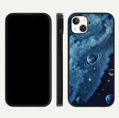 Galaxy Dream Space Glass Case for iPhone 14 Plus front and back view layout showing deep-space tones and curved edges