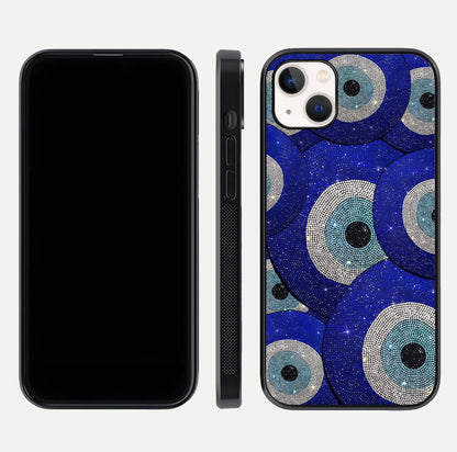 Galaxy Eye Flow Glass Case for iPhone 14 Plus front and back view layout displaying cosmic art and curved glass borders