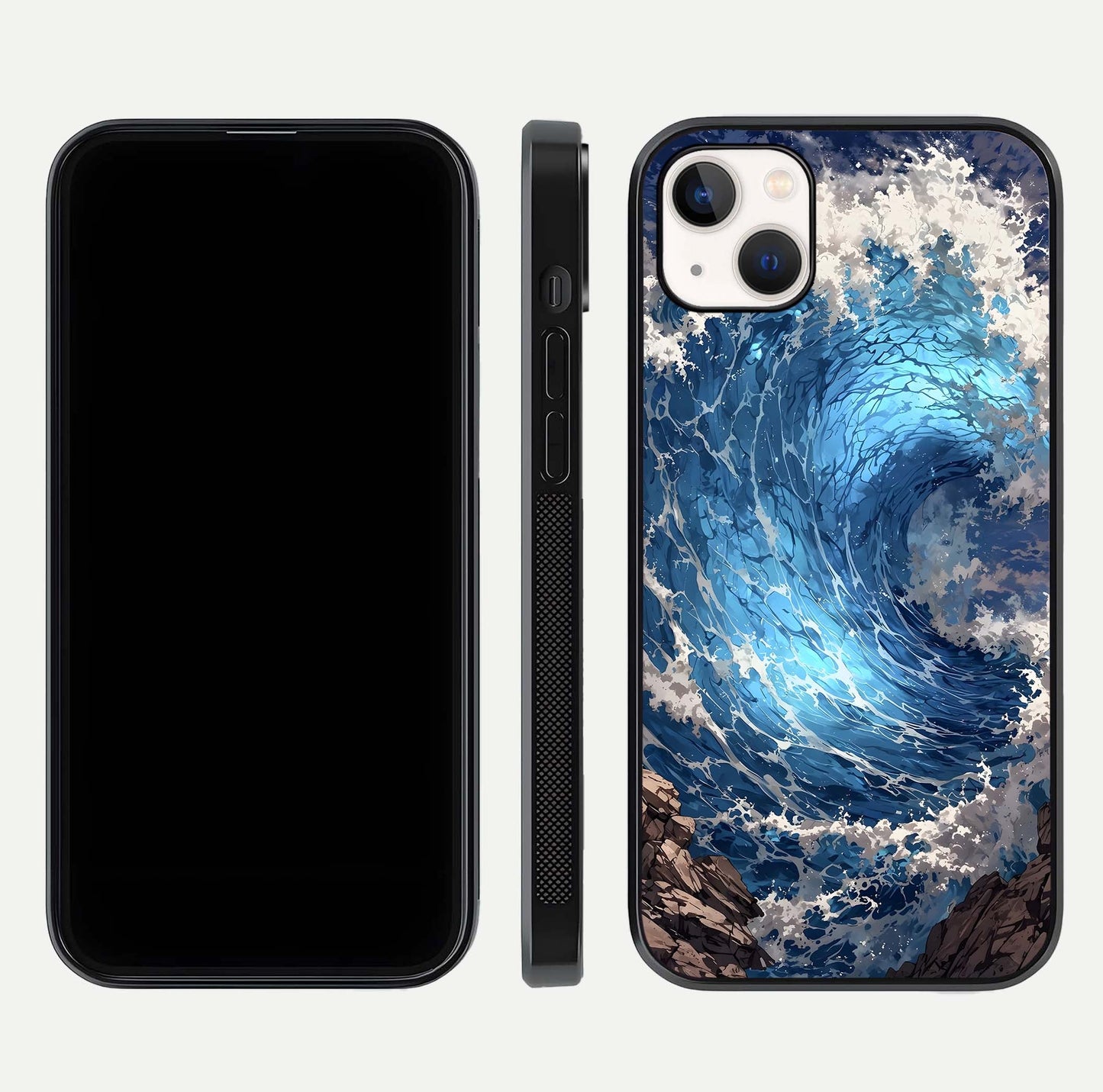 Giant Ocean Wave Glass Case for iPhone 14 Plus front and back view layout displaying sea tones and smooth curved edges