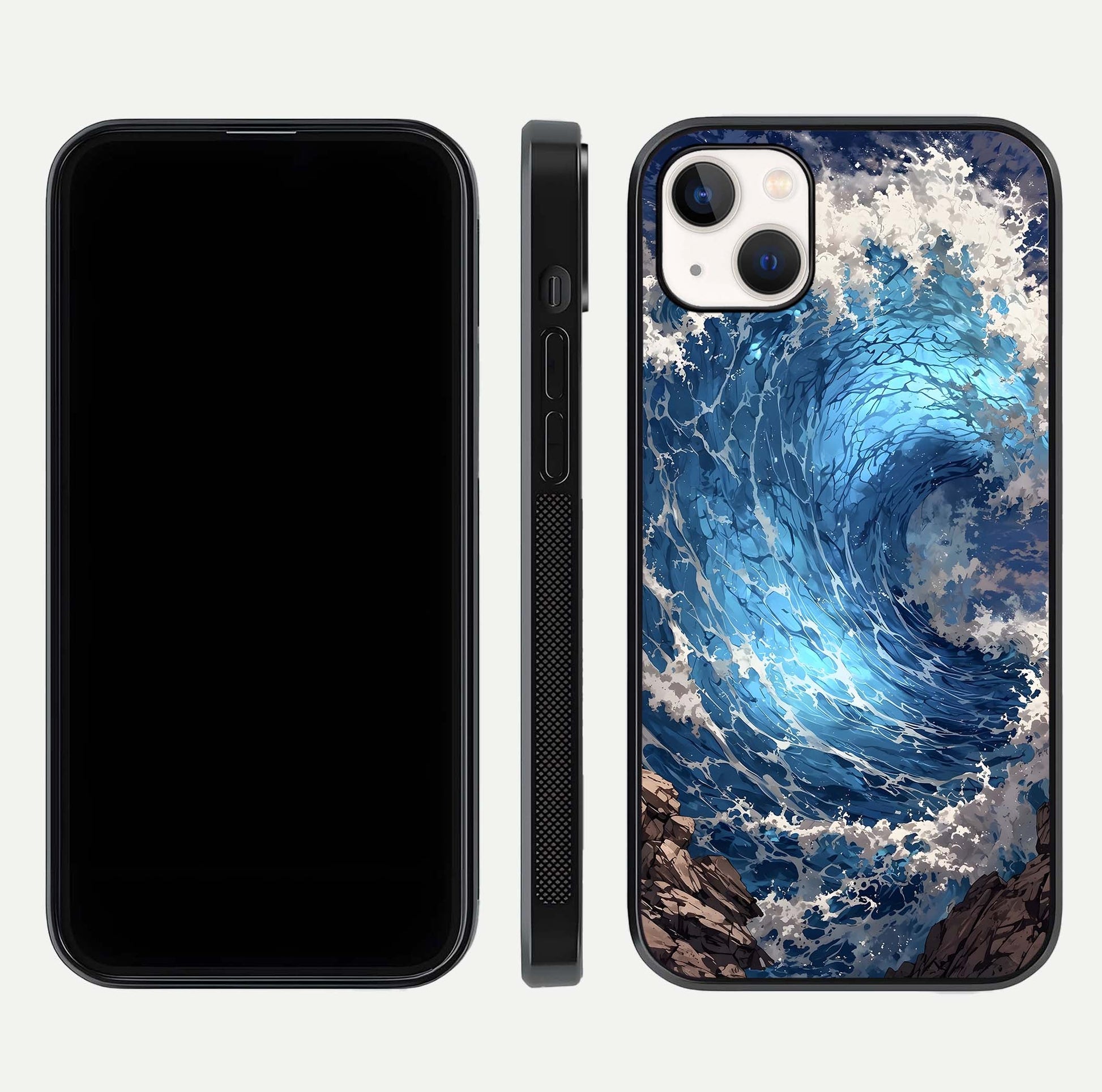 Giant Ocean Wave Glass Case for iPhone 14 Plus front and back view layout displaying sea tones and smooth curved edges