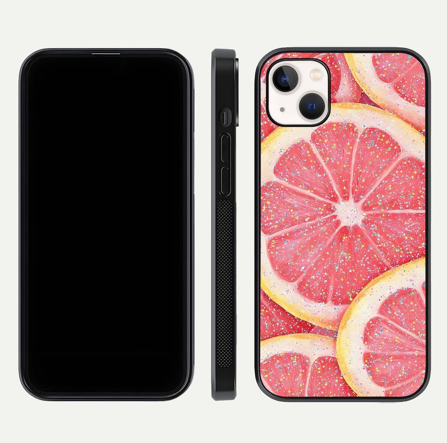 Glitter Grapefruit Glass Case for iPhone 14 Plus front and back view layout highlighting citrus hues and smooth glass