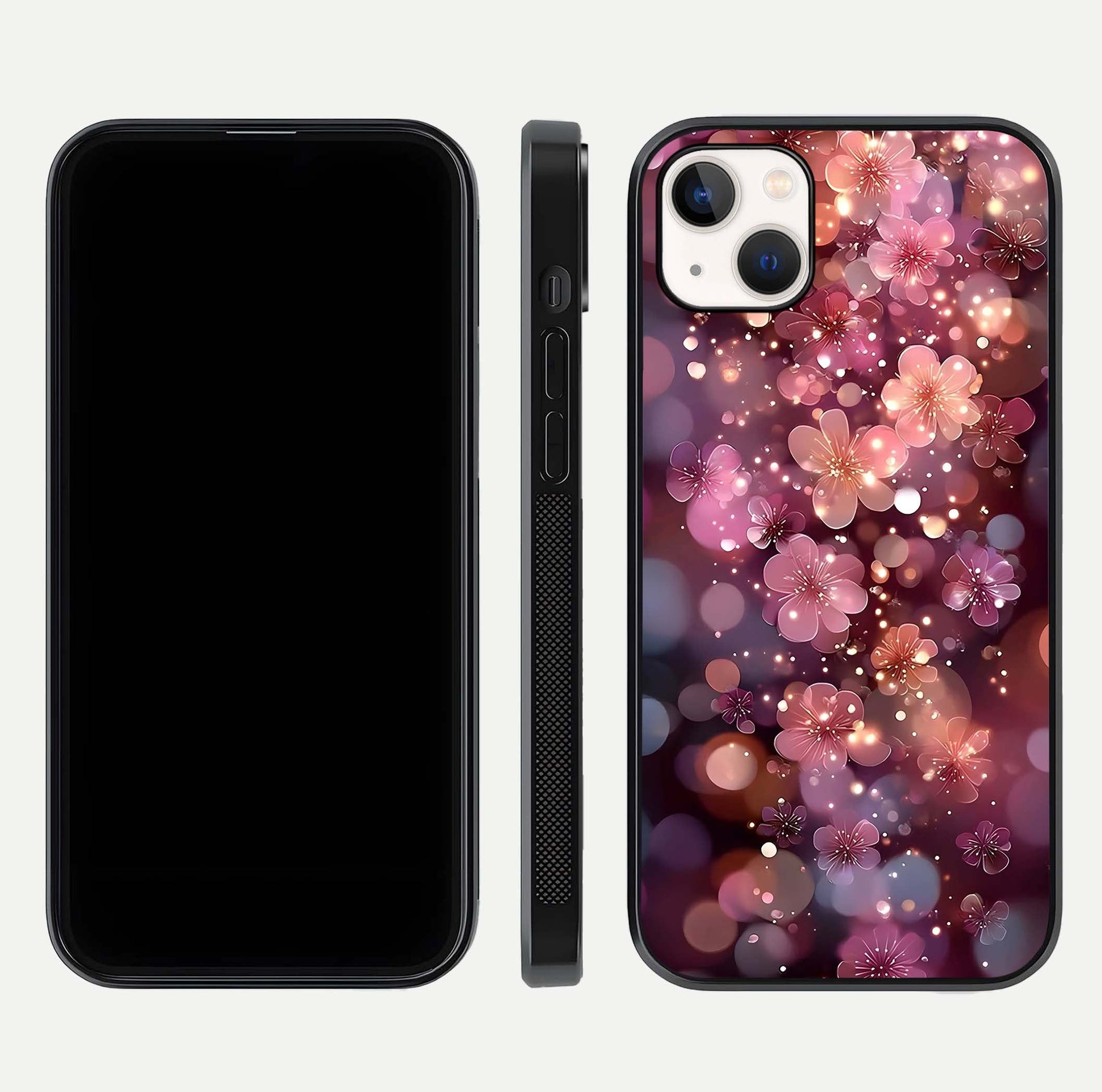 Glowing Petal Bliss Glass Case for iPhone 14 Plus front and back view layout displaying artistic floral design and curved glass