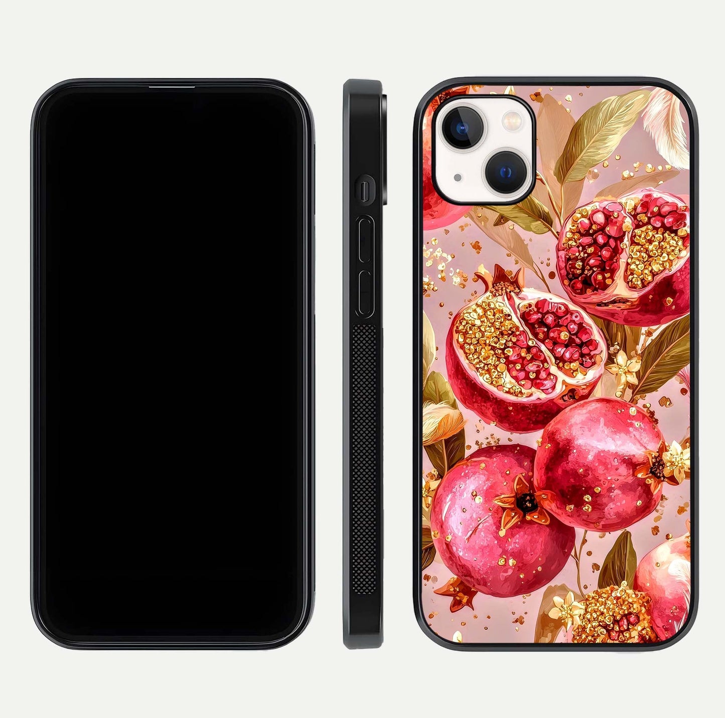 Golden Bloom Glow Glass Case for iPhone 14 Plus front and back view layout highlighting luxury floral pattern and curved edges