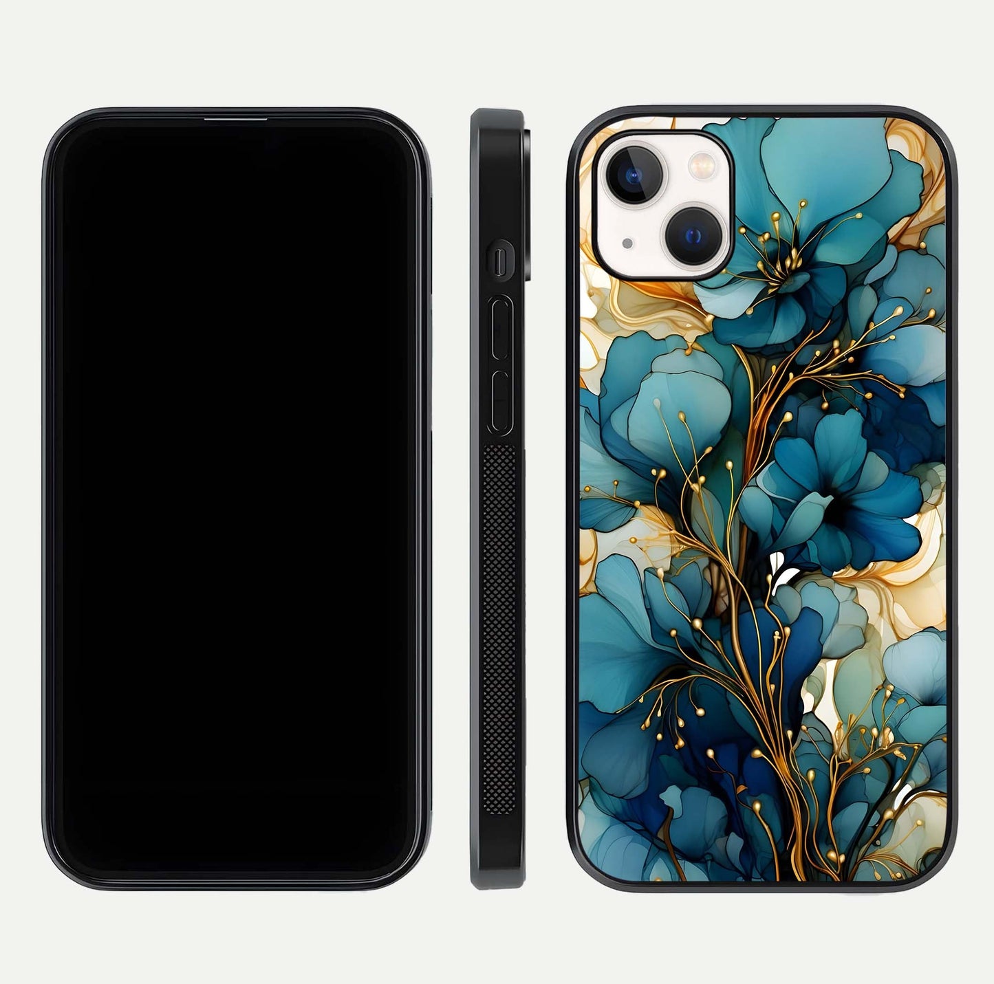 Golden Bloom Symphony Glass Case for iPhone 14 Plus front and back view layout highlighting rich floral tones and curved glass edges