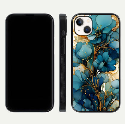 Golden Bloom Symphony Glass Case for iPhone 14 Plus front and back view layout highlighting rich floral tones and curved glass edges