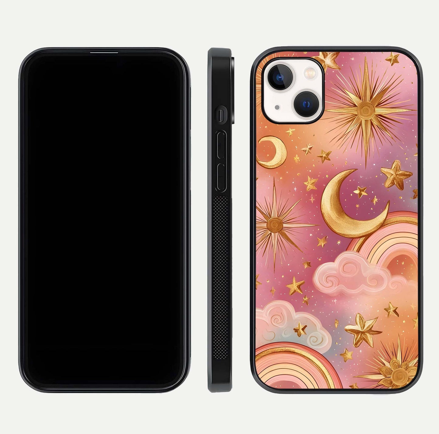 Golden Celestial Dreams Glass Case for iPhone 14 Plus front and back view layout highlighting celestial motifs and smooth curved edge
