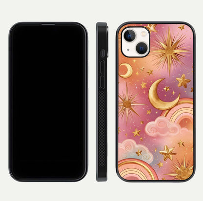 Golden Celestial Dreams Glass Case for iPhone 14 Plus front and back view layout highlighting celestial motifs and smooth curved edge