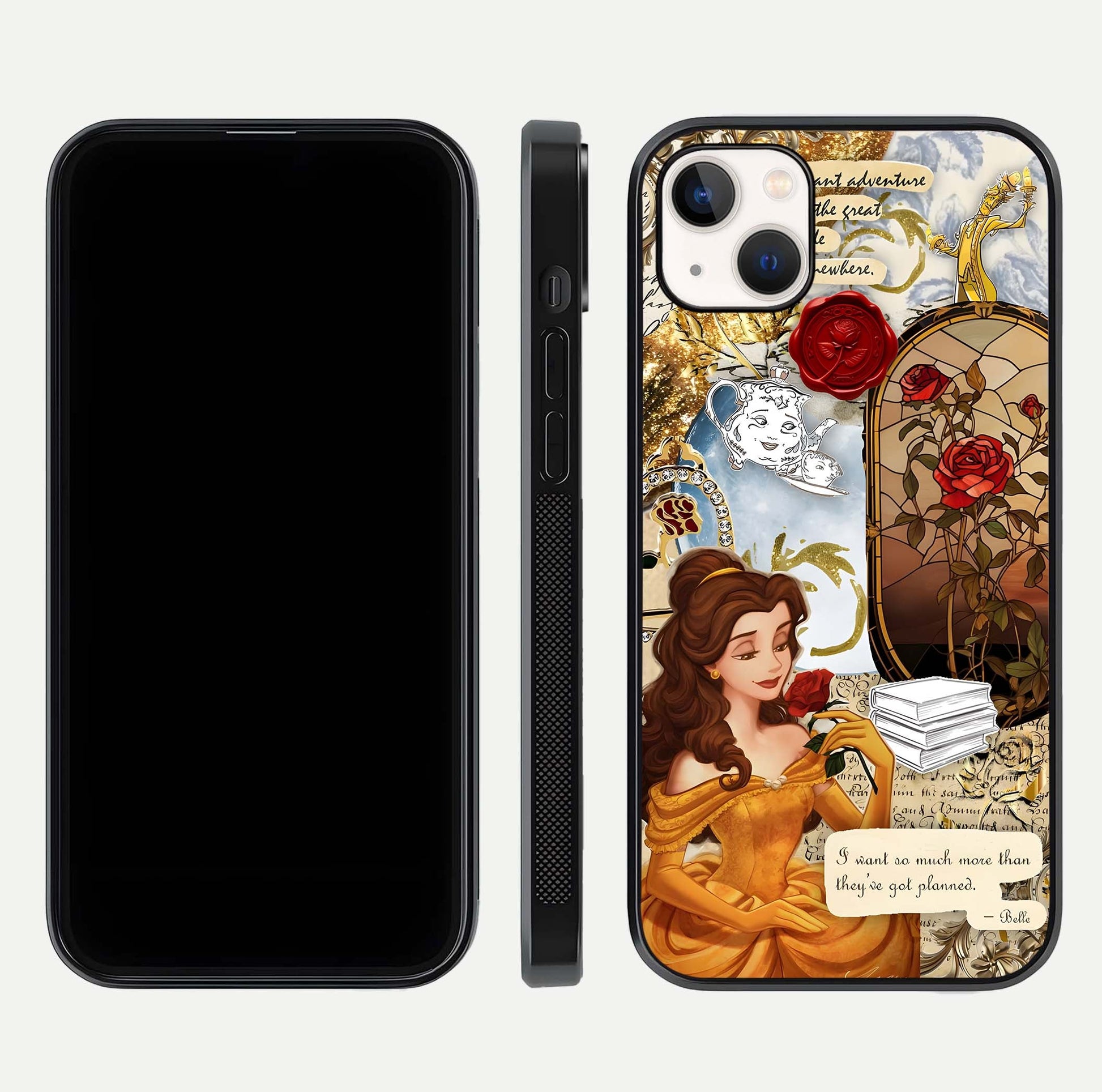 Golden Dream Belle Glass Case for iPhone 14 Plus front and back view layout displaying dreamy golden theme and smooth curvature