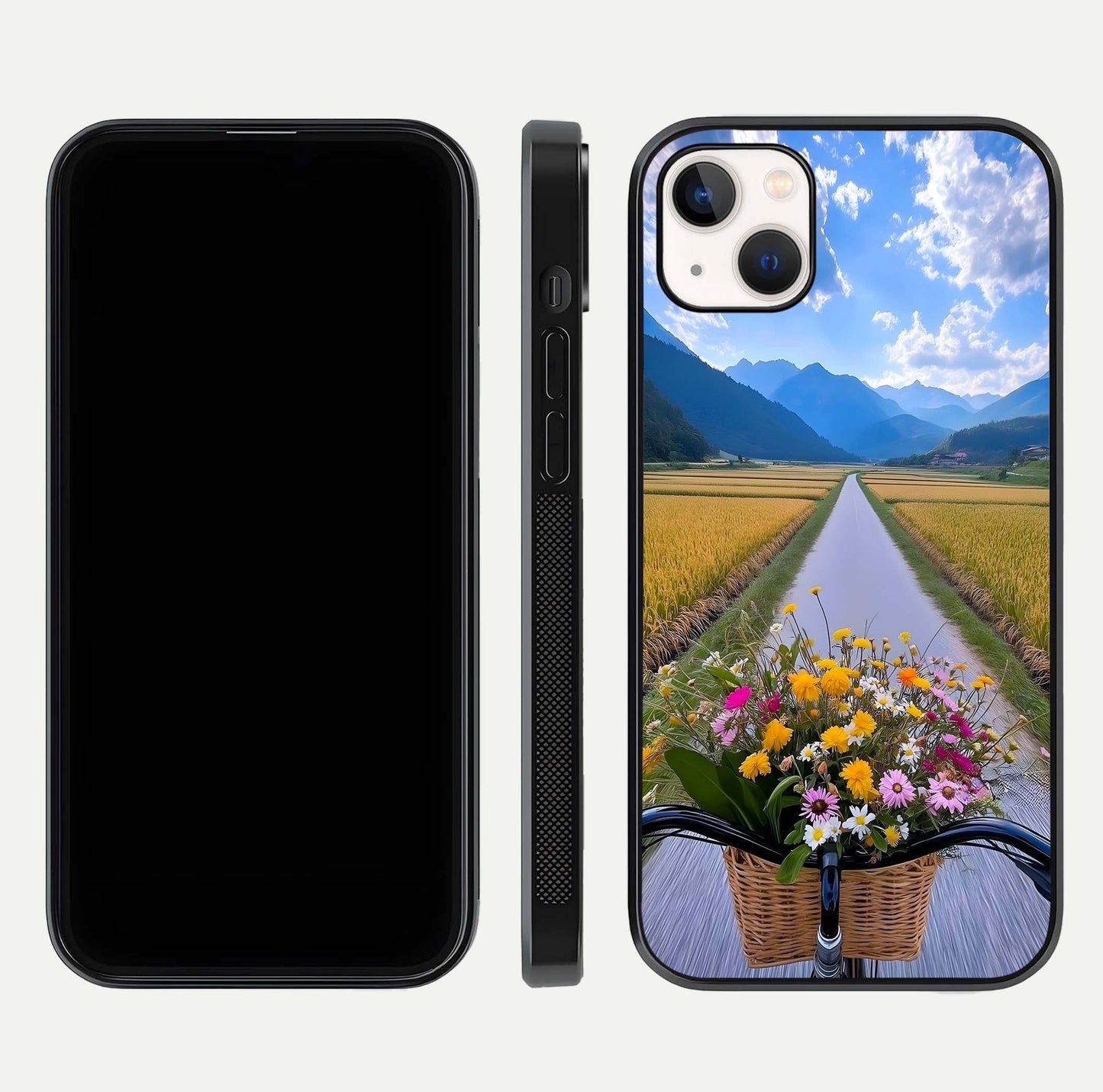 Golden Field Journey Glass Case for iPhone 14 Plus front and back view layout highlighting natural gradient and smooth glass finish