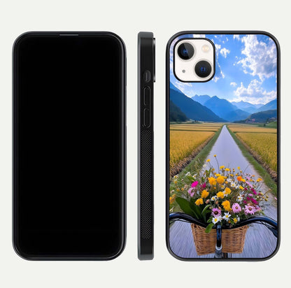 Golden Field Journey Glass Case for iPhone 14 Plus front and back view layout highlighting natural gradient and smooth glass finish