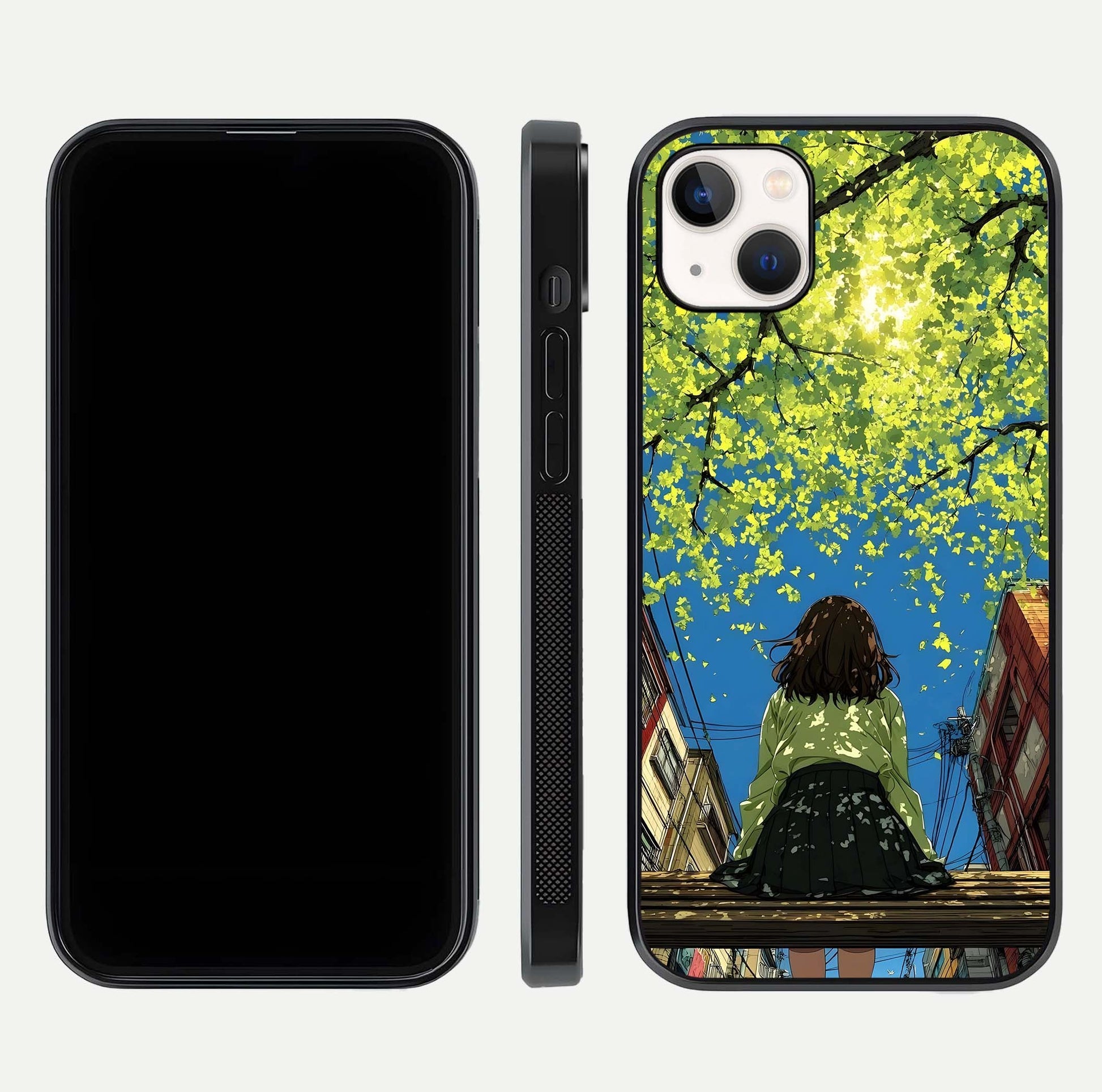 Golden Leaves Glow Glass Case for iPhone 14 Plus front and back view layout highlighting glowing tones and curved edges