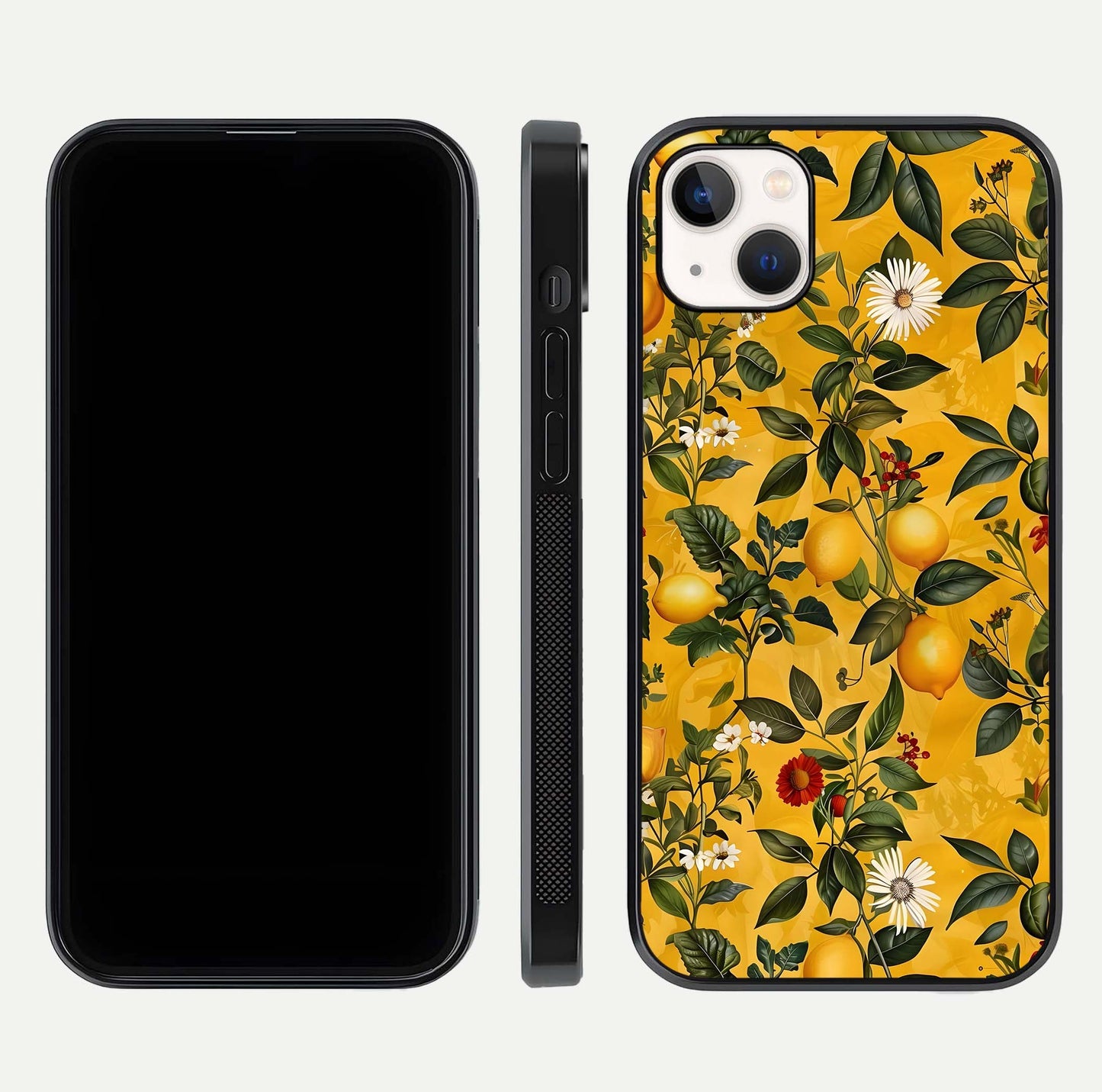 Golden Lemon Field Glass Case for iPhone 14 Plus front and back view layout highlighting fruity tones and curved glass edges