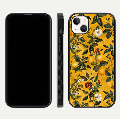 Golden Lemon Field Glass Case for iPhone 14 Plus front and back view layout highlighting fruity tones and curved glass edges