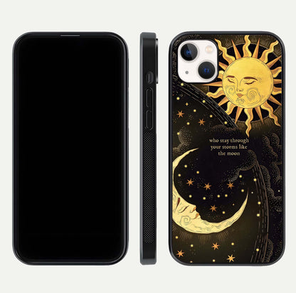 Golden Lunar Love Glass Case for iPhone 14 Plus front and back view layout highlighting celestial tones and curved edges