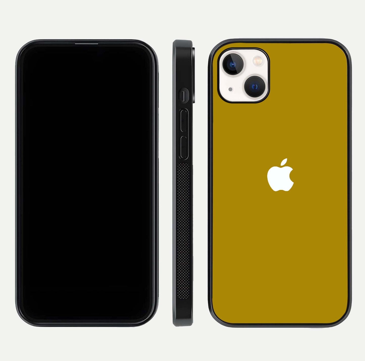 Golden Luxe Aura Glass Case for iPhone 14 Plus front and back view layout highlighting premium tone and curved glass