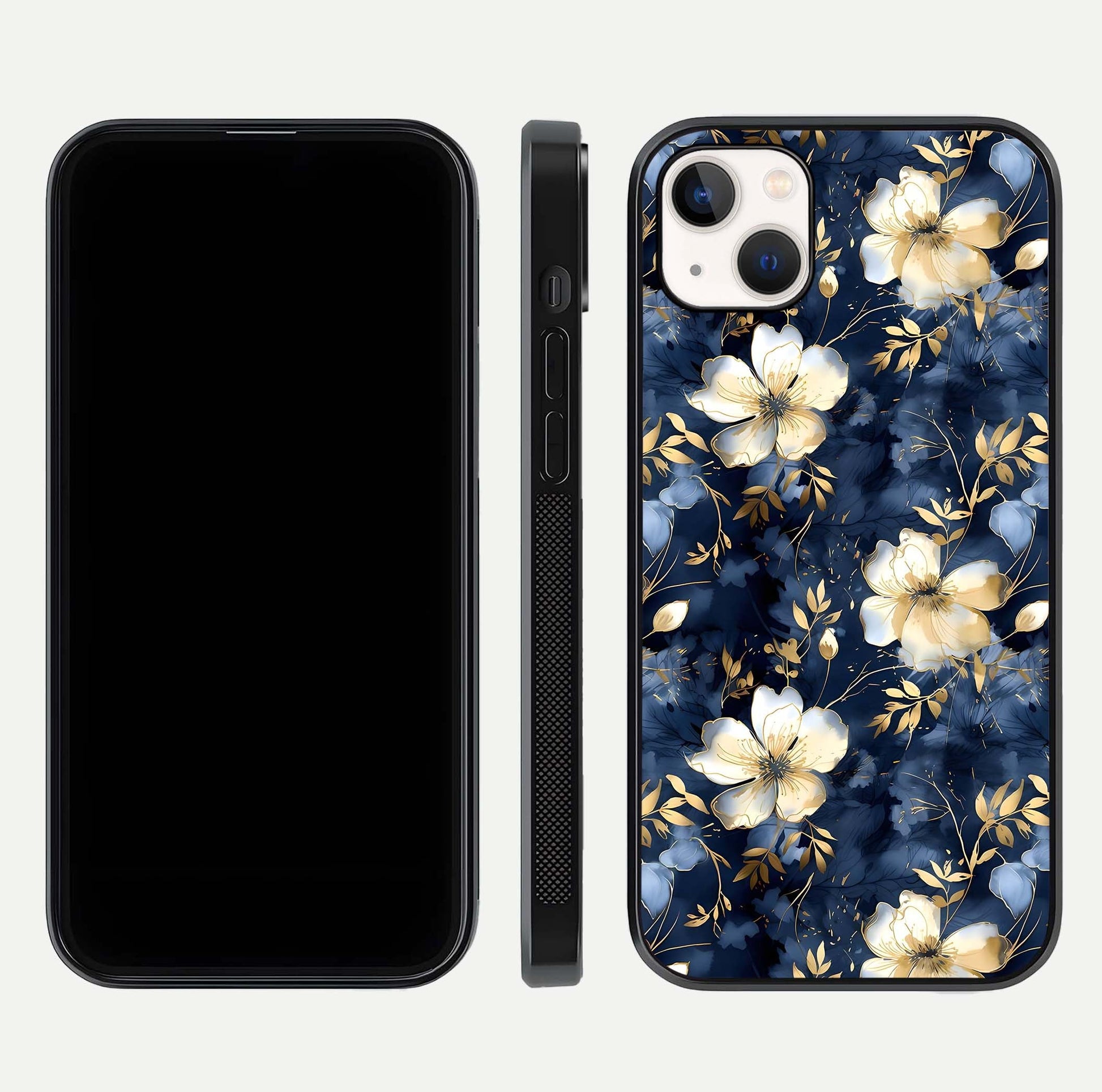 Golden Midnight Bloom Glass Case for iPhone 14 Plus front and back view layout highlighting dark-gold tones and smooth curves
